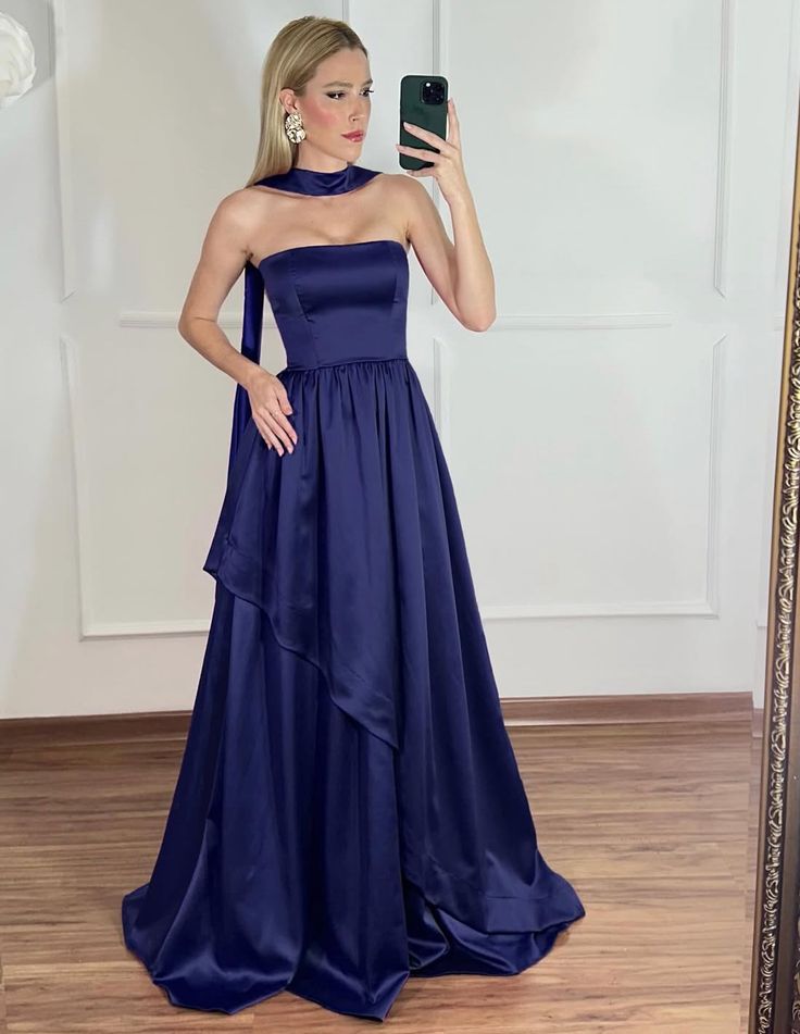 Gorgeous A line Strapless Sleeveless Navy Blue Satin Long Prom Dresses With Scarf AB193