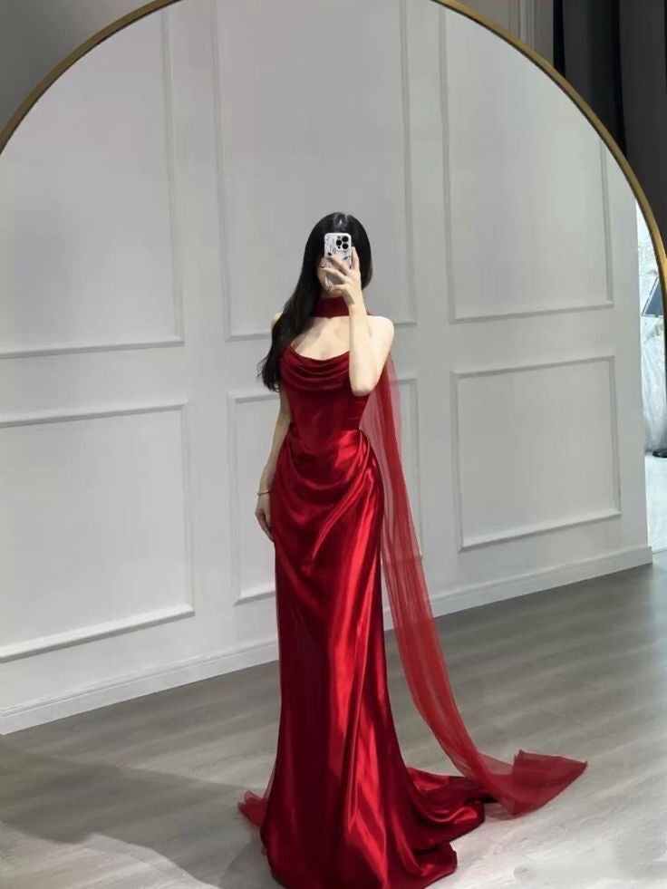 Schlichtes, trägerloses Meerjungfrauen-Abendkleid aus burgunderrotem Satin mit Schal, figurbetont, für Damen, Party-Outfit AB1233