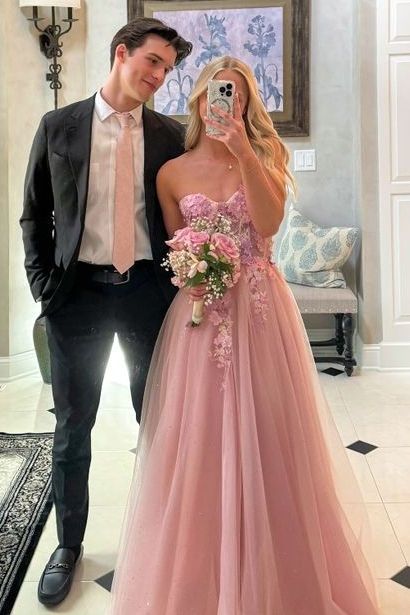 Pink A-Line Strapless Empire-Waist Appliques Tulle Long Prom Dress Party Dresses AB1562