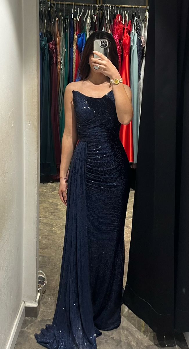 Robe de bal longue sirène bustier bleu marine à sequins pour adolescentes - Robe de soirée élégante AB1079