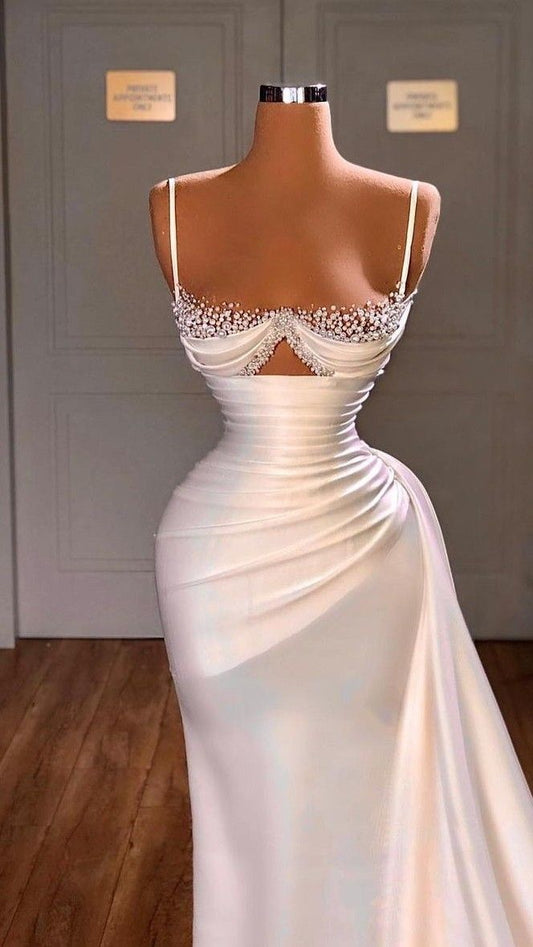 White Prom Dress Satin Mermaid Spaghetti Straps Sexy Women's Prom Gown Evening Dress AB1642