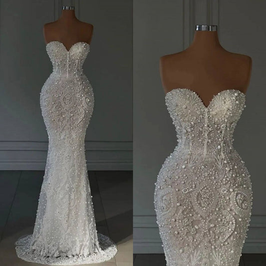Luxury Mermaid Wedding Dresses For Women Sweetheart Neck Sleeveless Pearls Sequins Sweep Bridal Gown AB970