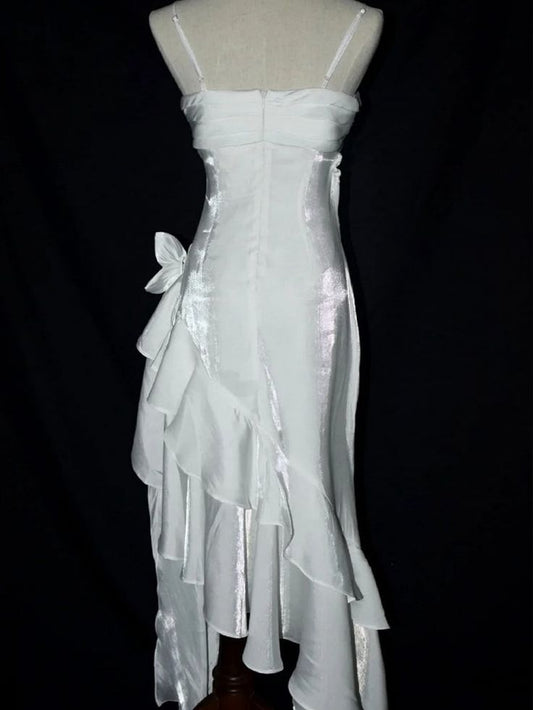 White Vintage Floral Mermaid Wedding Dress Asymmetrical Hem Prom Gown AB985