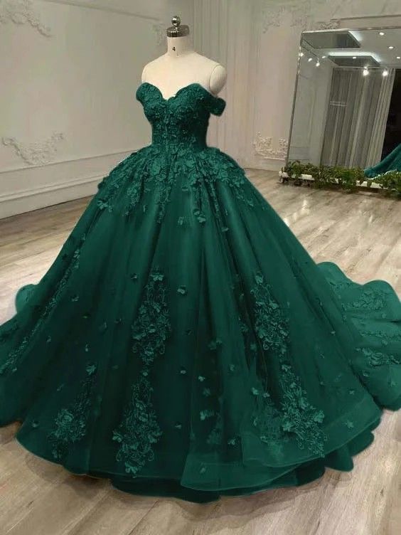 Smaragdgrünes Ballkleid, schulterfrei, Quinceañera-Kleid mit Applikationen, luxuriöses Geburtstagskleid für Sweet 15 und 16, AB1082