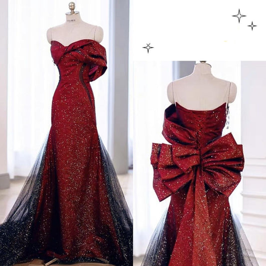 Robe de soirée sirène sexy à décolleté cœur, rouge et noire, en tulle plissé, AB2105