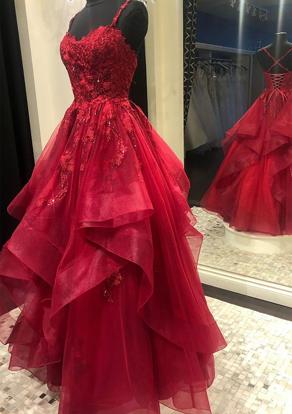 Ball Gown Spaghetti Straps Ruffled Lace Long Prom Dress With Beading Prom Dresses Birthday Gowns AB932