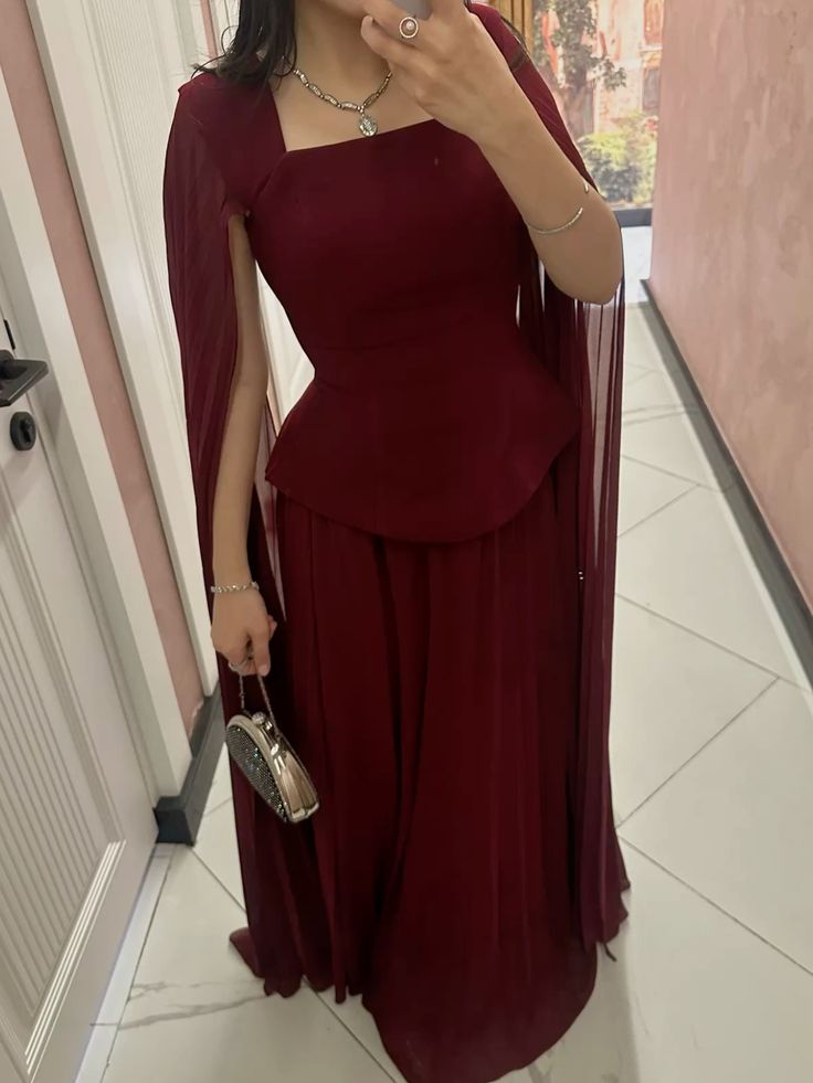 Elegantes, burgunderrotes Chiffonkleid in A-Linie mit eckigem Ausschnitt und Ärmeln, lang, formell, elegant, für Abschlussball, Abendveranstaltung, Dinnerpartys, AB2028