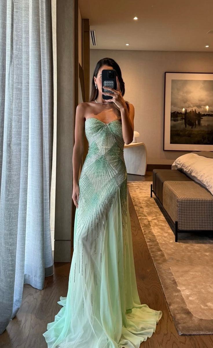 Bezauberndes, trägerloses A-Linien-Abendkleid aus mintgrünem Chiffon mit perlenbesetztem Oberteil, langes Ballkleid, formelles Abendkleid N1018