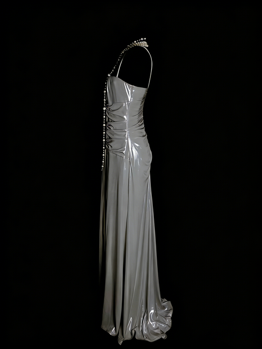 Simple A Line Spaghetti Strap Grey Senior 80s Prom Dresses High School Long Formal Dress N1334