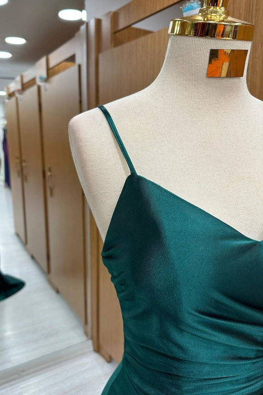 Glitzerndes Meerjungfrauen-Spaghettiträgerkleid aus dunkelgrünem Satin für Damen, langes formelles Ballkleid, 22. Geburtstagskleid AB1362