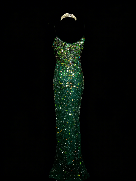 Vintage Mermaid Spaghetti Straps Green Sequin With Beads Bodice College Formal Outfit Long Prom Graduation Dresses For Teens N1305