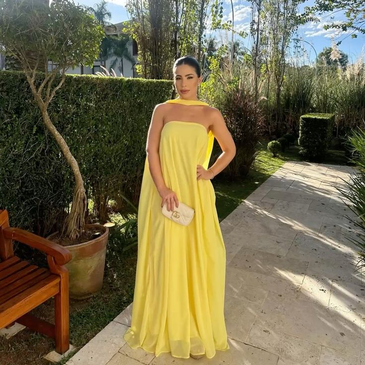 Modest A Line Strapless Chiffon Yellow Prom Dresses Inspo Simple Long Prom Gowns With Scarf AB227