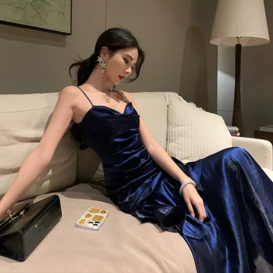 Robe de soirée sirène longue exquise en satin bleu marine vintage Robe de bal Robe de soirée de princesse N780