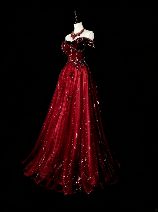 Vintage Prom Dresses Aesthetic 1950s Retro Classy Ball Gown Off The Shoulder Burgundy Long With Appliques N1995
