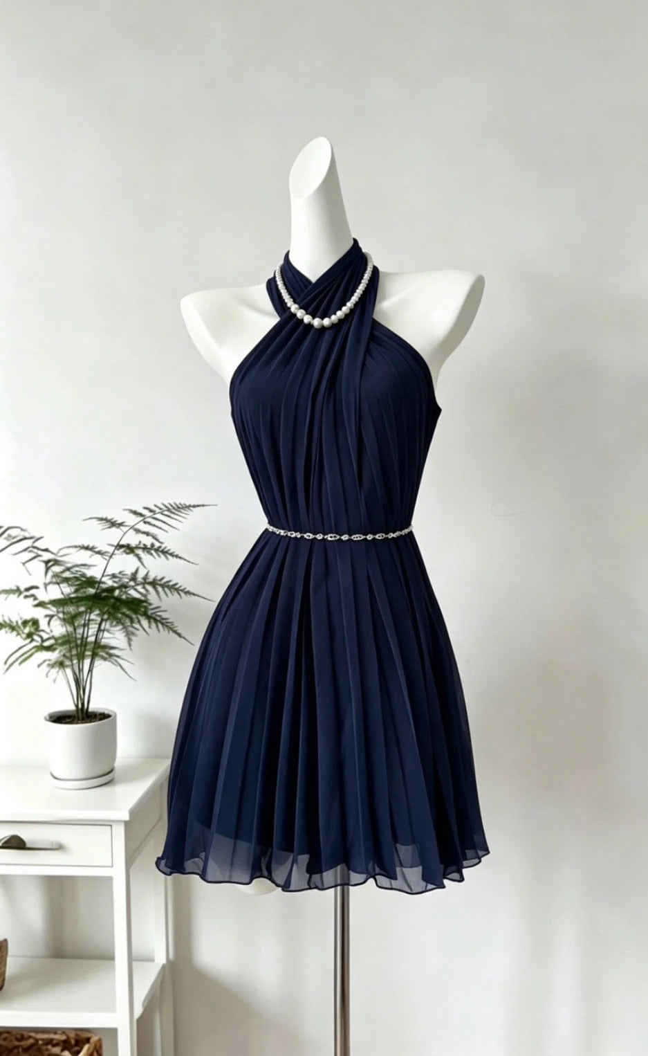 Elegant A Line Halter Navy Blue Chiffon Short Cocktail Gown Homecoming Dresses Ideas Hoco Outfits RB4821