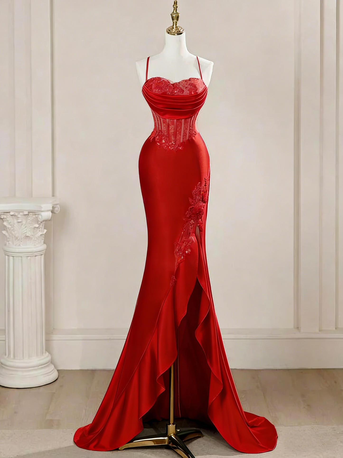Elegantes, langes Meerjungfrauen-Abendkleid mit Spaghettiträgern, blauem Satin, Perlenbesatz und Faltenrock (Vestidos De Dia AB591)