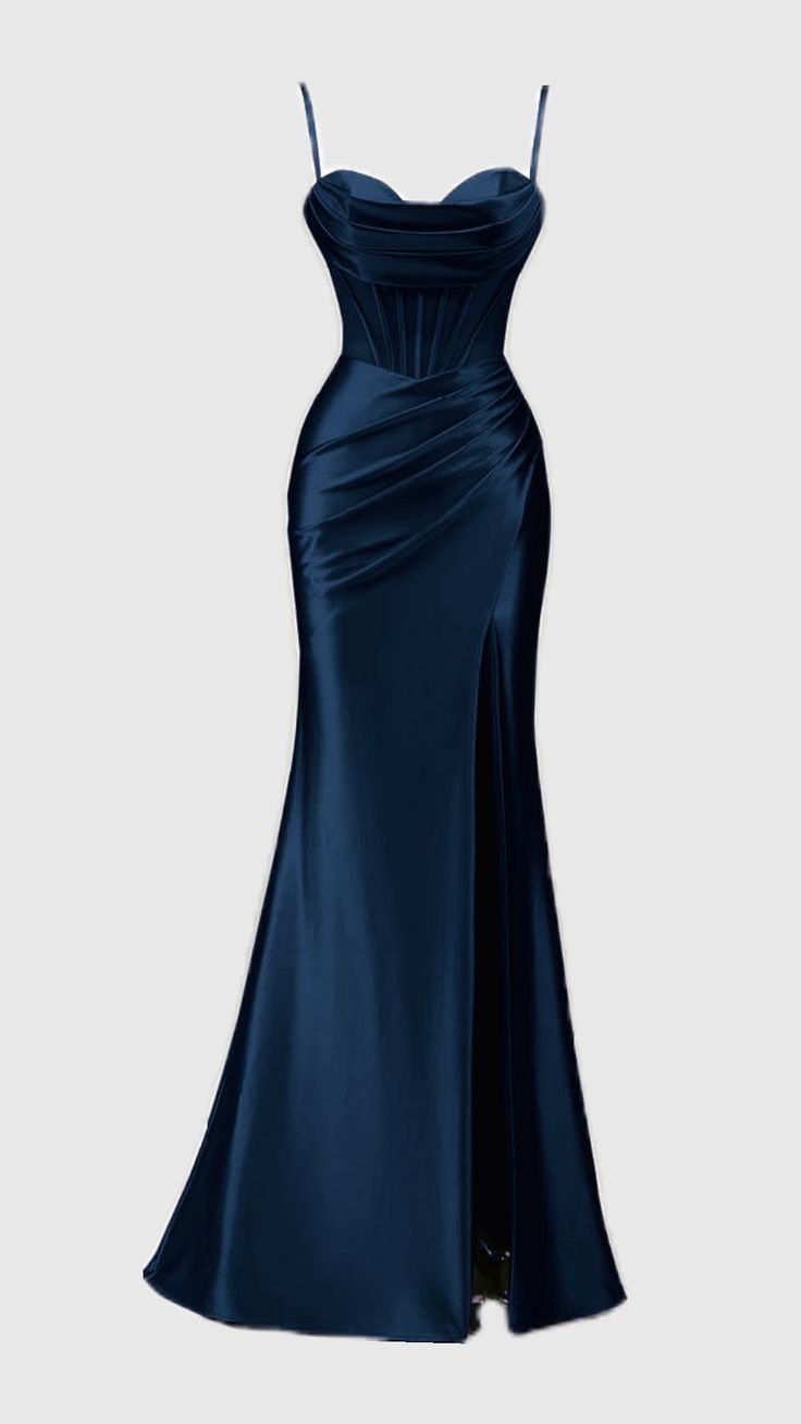 Marineblaues Meerjungfrauen-Abendkleid mit Spaghettiträgern und Schlitz – Inspiration für ein langes, dunkelblaues Abendkleid (AB723)
