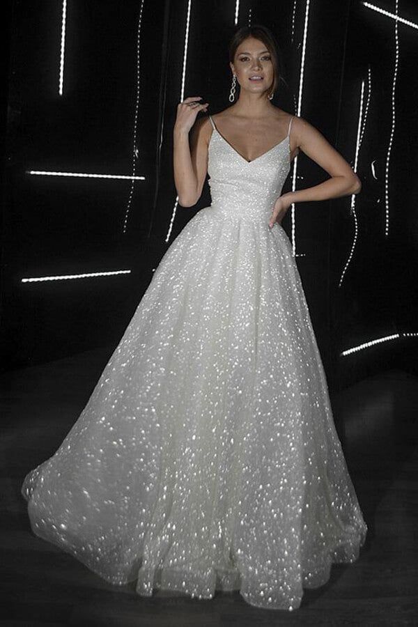 Robe de bal longue blanche à paillettes, coupe trapèze, bretelles spaghetti, N031