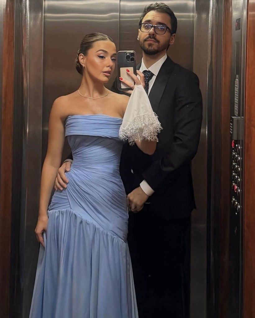 Robe de bal sirène gracieuse sans bretelles en mousseline bleue à fronces et plis, robe de soirée formelle AB429