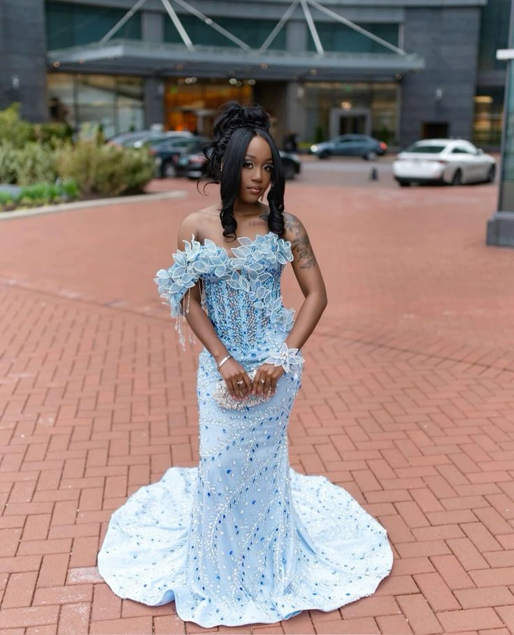 Glitzerndes Meerjungfrau-Kleid trägerlos, blau, Pailletten mit Perlen Abendkleider für das Nacht-Date, Ballkleid für schwarze Mädchen und Frauen AB2564