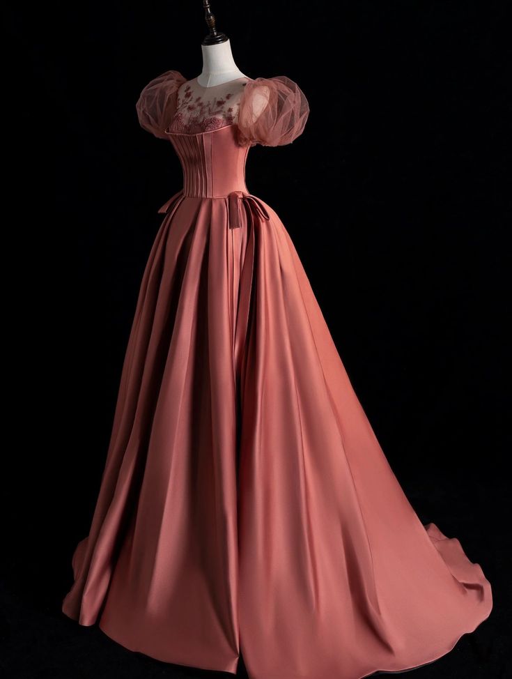 Elegantes Ballkleid aus rosa Satin mit kurzem Ärmel und U-Boot-Ausschnitt – Inspiration für formelle Anlässe für Damen und Mädchen, langes, formelles Abendkleid AB1984