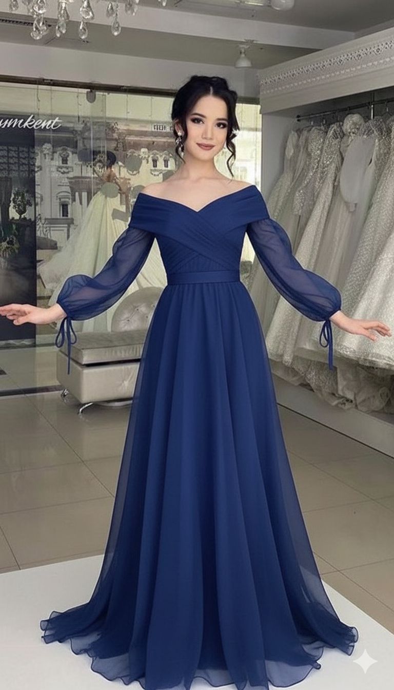 Robe élégante bleu roi à manches longues, coupe trapèze, col en V, manches longues, idéale pour l'hiver et les soirées formelles (AB2043).