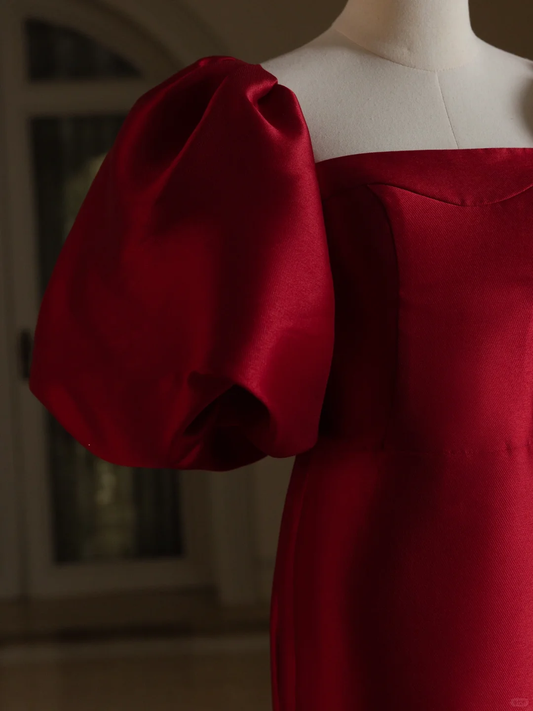 Vintage Mermaid Square Neck Short Puffy Sleeves Red Satin Long Prom Dresses Evening Gowns A001
