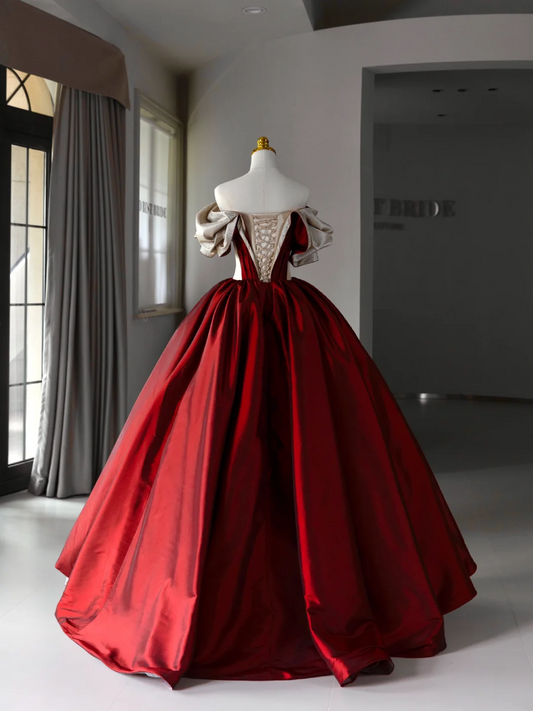 Burgundy Ball Gown Off The Shoulder Satin Short Sleeves Long Quinceanera Dresses Sexy Quinceanera Gowns A006