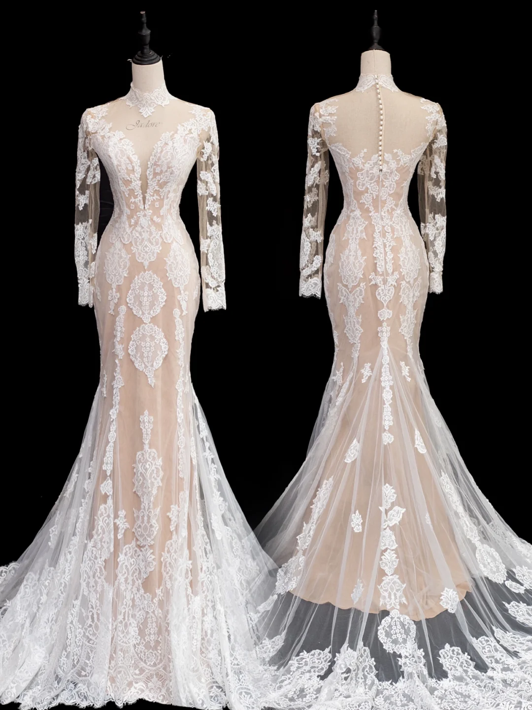 Princess Mermaid White High Neck Long Sleeves Lace Long Wedding Dress Tulle Brides Dress A012