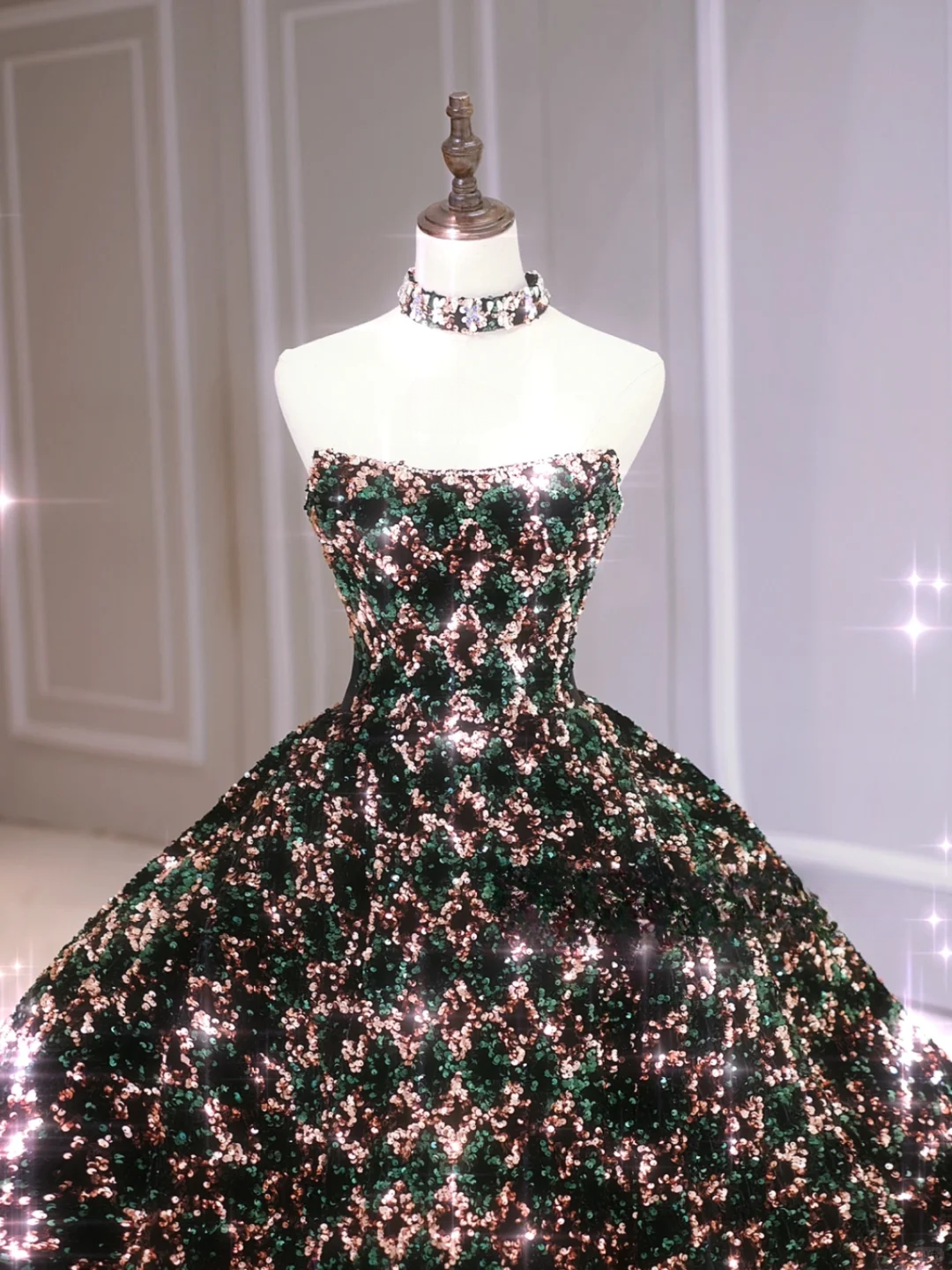 Sparkly Ball Gown Strapless Black Sequin Sleeveless Long Prom Dresses Prom Gowns Evening Dress A024