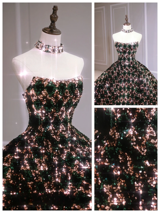 Cute Ball Gown Strapless Black Sequin Sleeveless Long Prom Dresses Prom Gowns Evening Dress A020