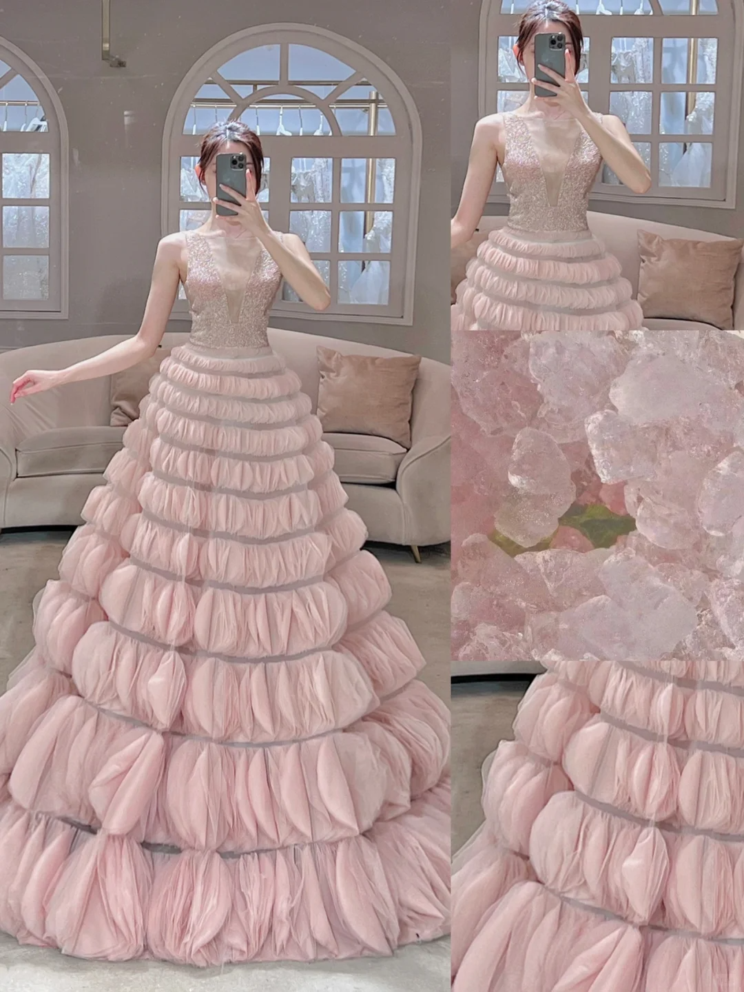 Sweet Pink V Neck Ball Gown Tulle Long Quinceanera Dress Gorgeous Pink Quinceanera Dresses A026