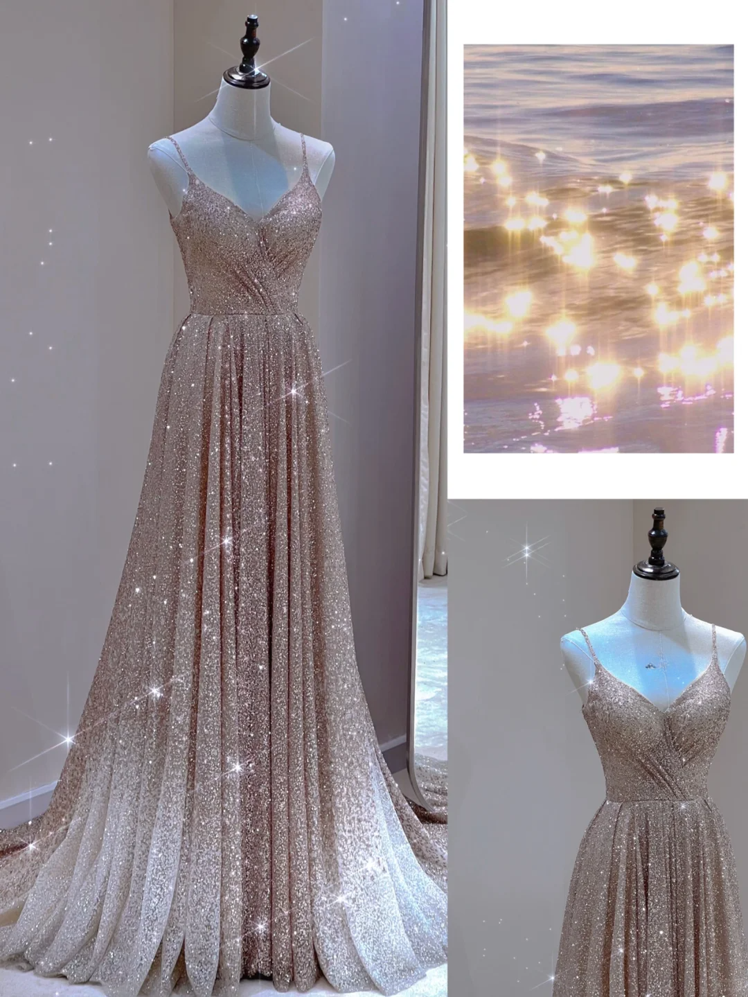 Classy A Line Spaghetti Straps Champagne Sequin Sleeveless Sparkly Long Prom Dresses Special Evening Gowns A031