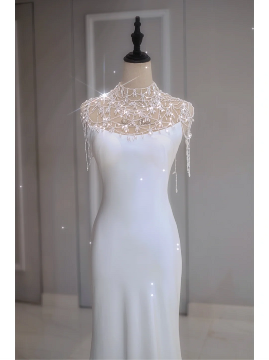 Elegant Mermaid Spaghetti Straps White Satin Long Backless Wedding Dress With Beads Summer Brides Dress A035