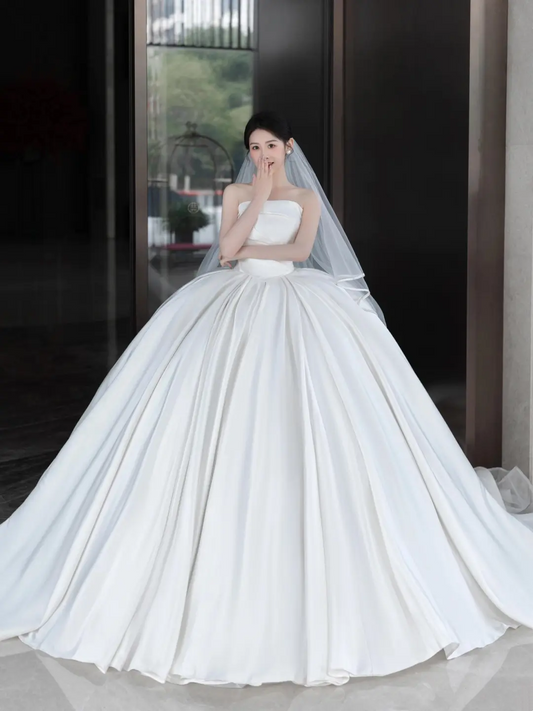 Timeless Ball Gown Strapless White Pleated Long Satin Wedding Dress Beautiful Formal Cute Wedding Dresses A051