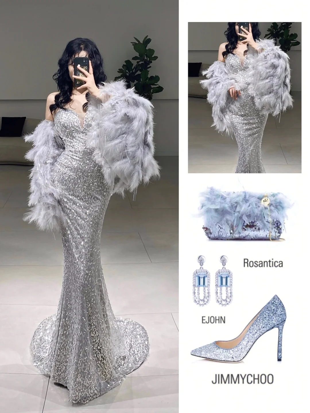 Robe de bal sirène intemporelle à paillettes argentées et décolleté en cœur, inspiration longue et sexy, A075