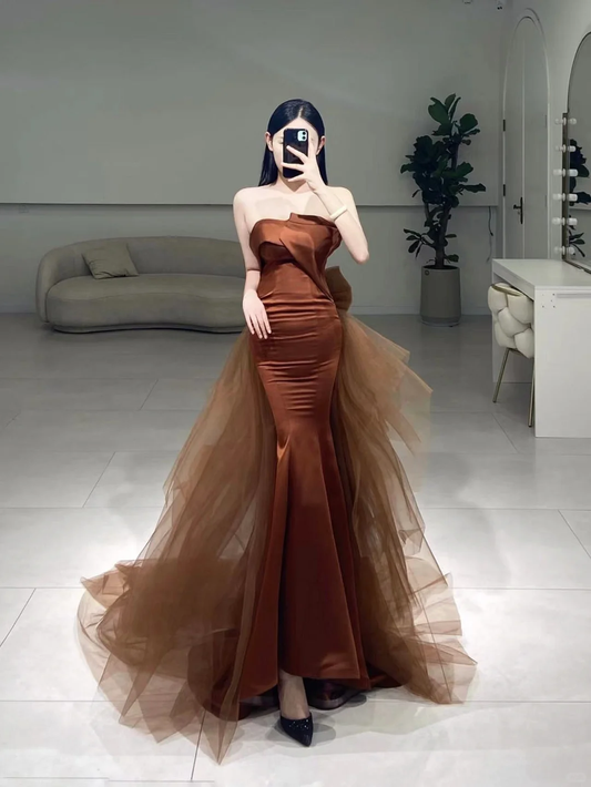 Timeless Mermaid Strapless Brown Satin Prom Dress Inspiration Long Sexy Prom Dresses A079