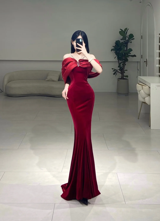 Classy Mermaid Off The Shoulder Red Velvet Prom Dress Inspiration Long Sexy Prom Dresses A080