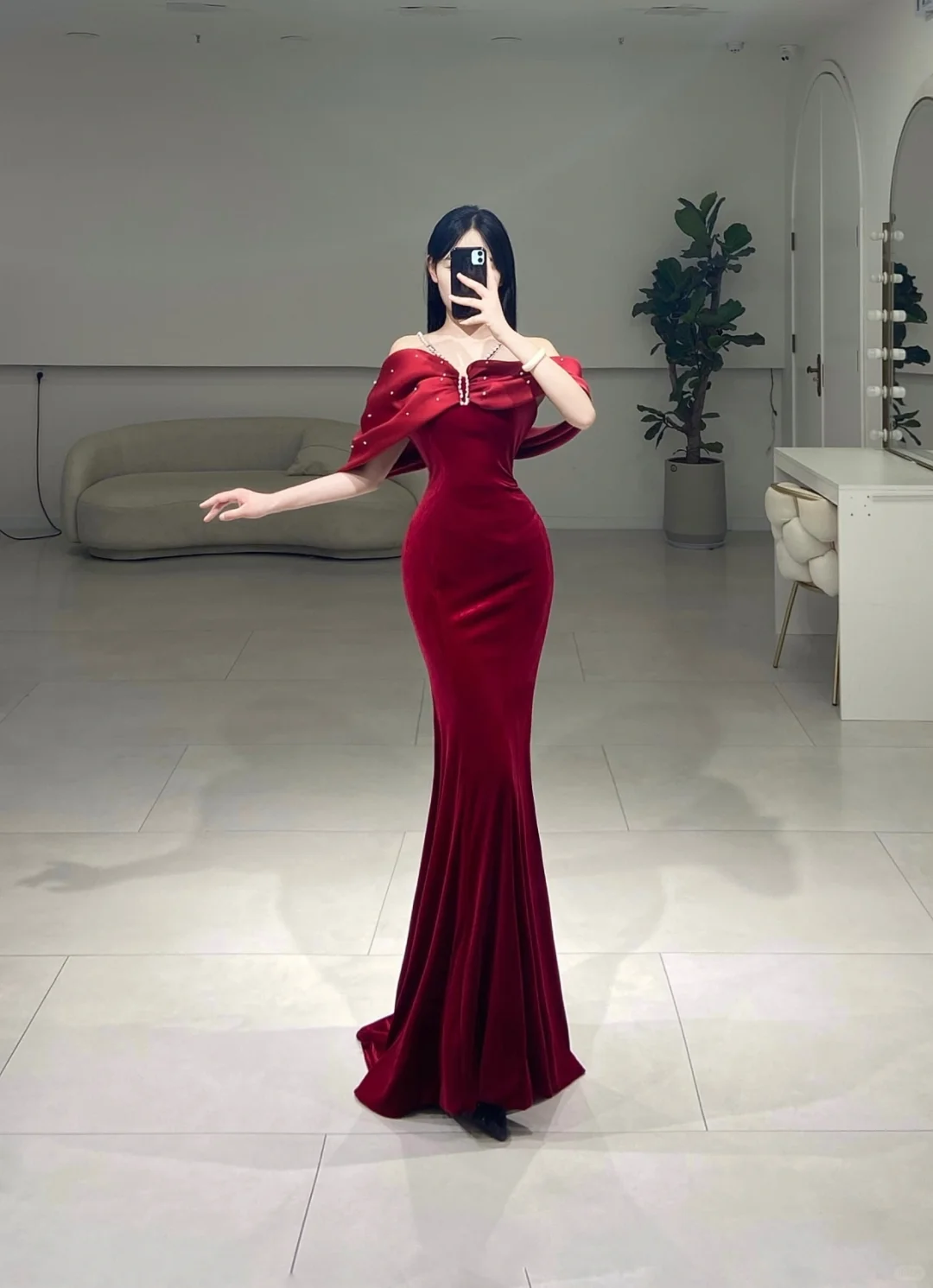 Classy Mermaid Off The Shoulder Red Velvet Prom Dress Inspiration Long Sexy Prom Dresses A080