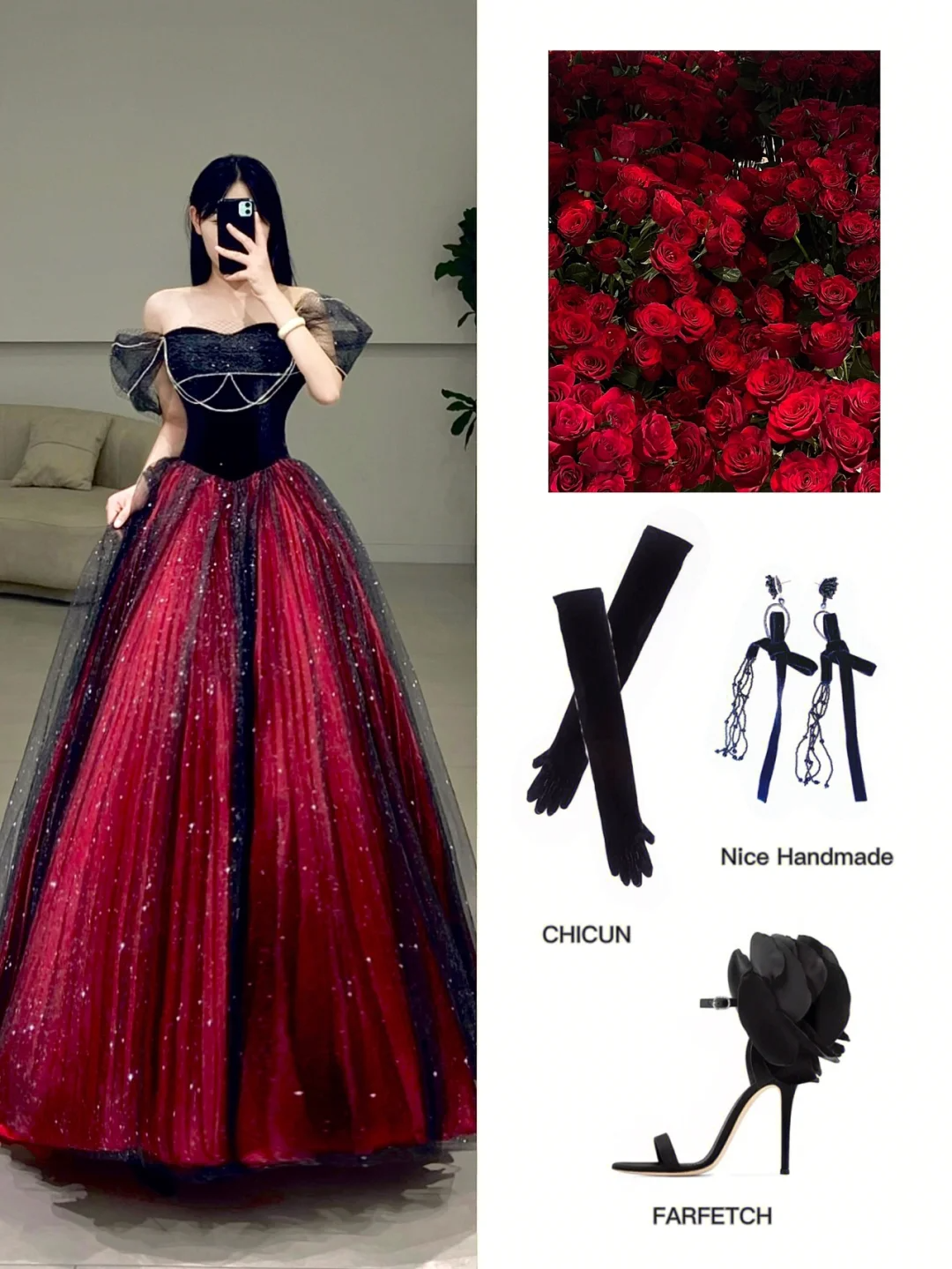 Edles Ballkleid aus der Schulter rot schwarz Tüll Ballkleid Inspiration lange sexy Ballkleider A081