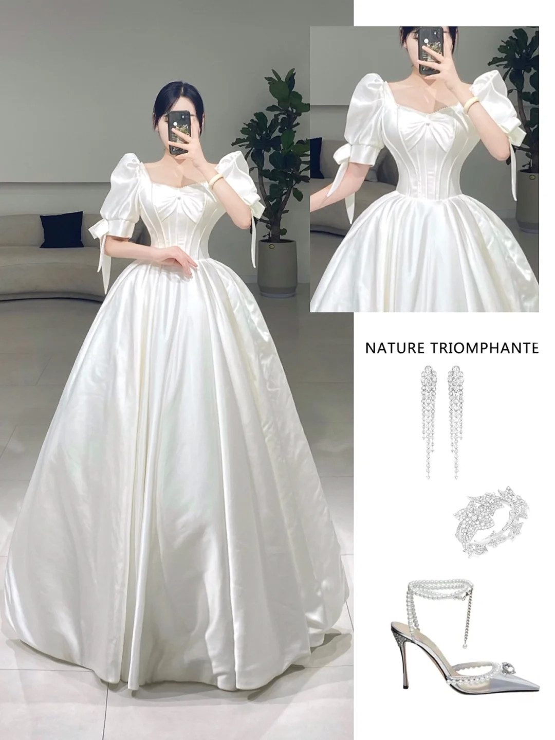 Zeitloses Ballkleid mit quadratischem Ausschnitt, weißem Satin, kurzen Ärmeln, langem Brautkleid, schöne formelle süße Brautkleider A085