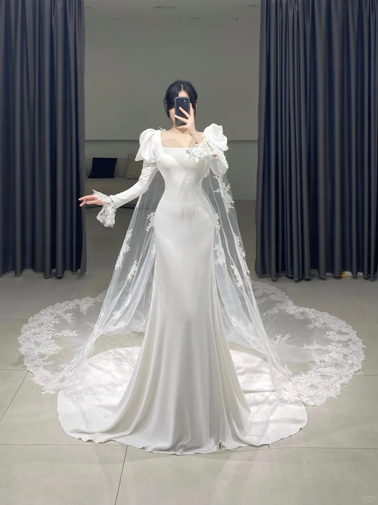 Timeless Mermaid Square Neck White Satin Long Sleeves Wedding Dress Beautiful Formal Cute Wedding Dresses A090