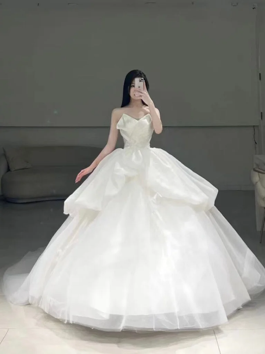 Timeless Ball Gown Sweetheart White Pleated Long Tulle Wedding Dress Beautiful Formal Cute Wedding Dresses A100