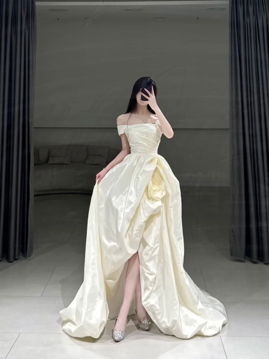 Timeless High Low Off The Shoulder Satin Short Sleeves Wedding Dress Beautiful Formal Cute Wedding Dresses A110