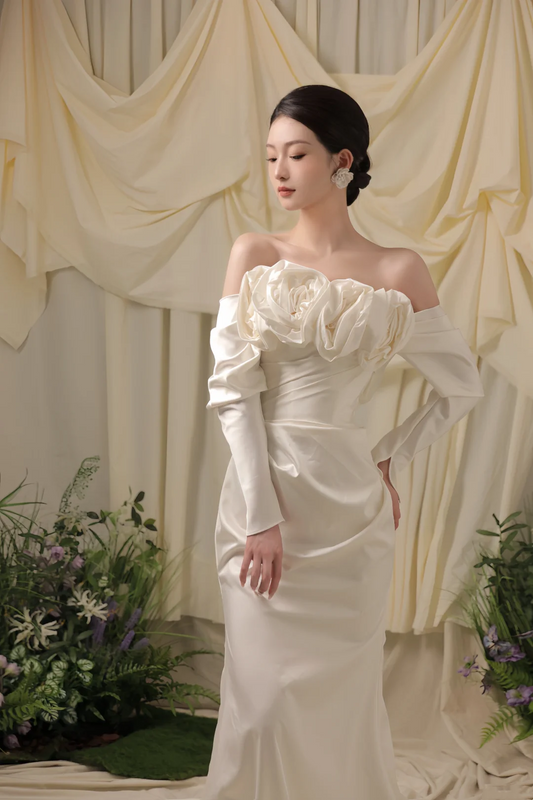 Elegant Mermaid Off The Shoulder Satin White Long Wedding Dress Beautiful Formal Cute Wedding Dresses A124