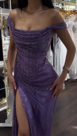 Glitzerndes Meerjungfrauen-Kleid mit schulterfreiem Ausschnitt, lilafarbenem Schlitz und Pailletten für Damen, langes formelles Ballkleid, Kleid zum 18. Geburtstag AB1334