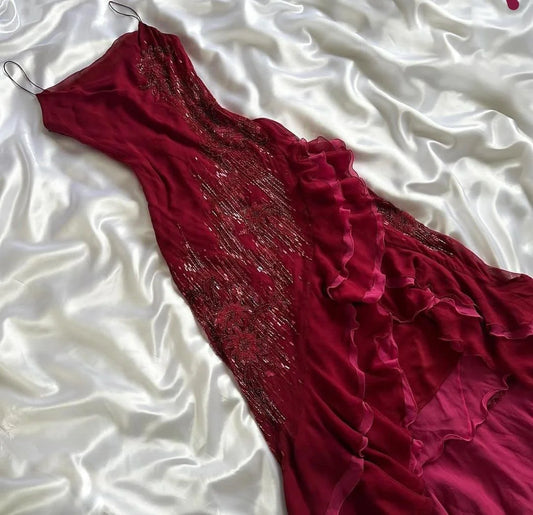 Vintage Meerjungfrauen-Kleid mit Spaghettiträgern aus pinkfarbenem Chiffon für Damen – Partykleid, formelles Ballkleid, Inspiration für den 22. Geburtstag AB1382