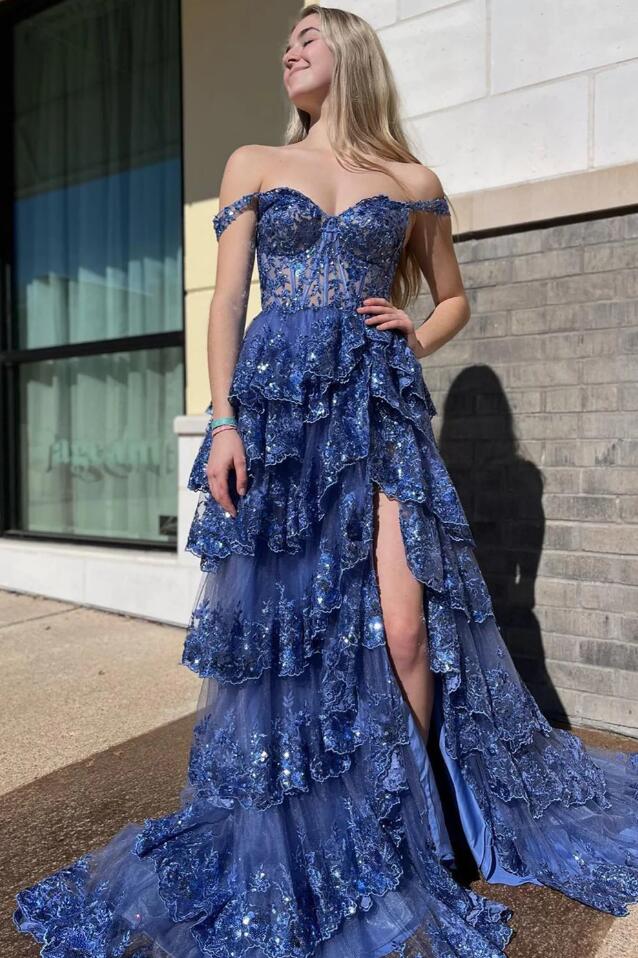 Modest Ball Gown Straps Navy Blue Lace Prom Dresses Long for Women Ruffle Formal Evening Gown AB161
