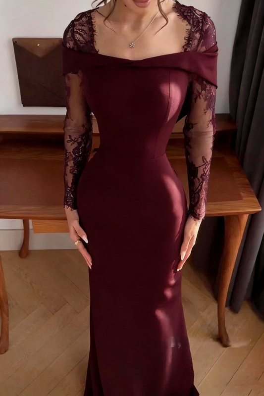 Robe sirène élégante bleu marine à épaules dénudées et manches longues, idéale pour l'hiver, les soirées de bal et les dîners chics. Modèle AB2029.