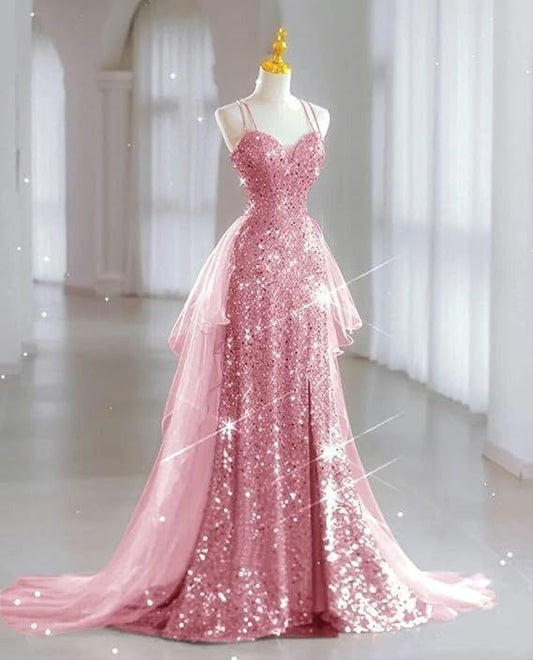 Elegantes Meerjungfrauen-Abendkleid mit Spaghettiträgern, lila Pailletten, lang, formell, für Teenager, geeignet für Ball, Dinner und Party (AB2172)